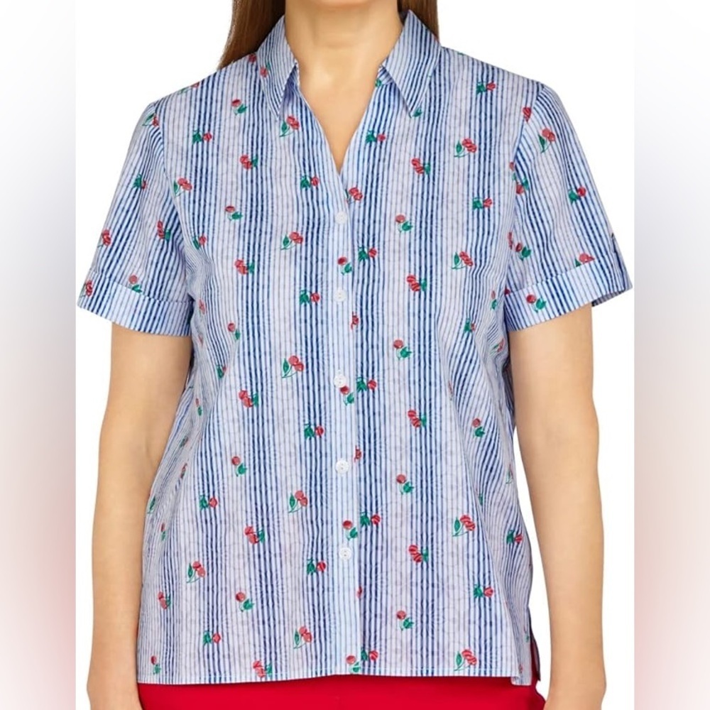 Alfred Dunner White and Blue Button Down Shirt Cherry Size PM‎